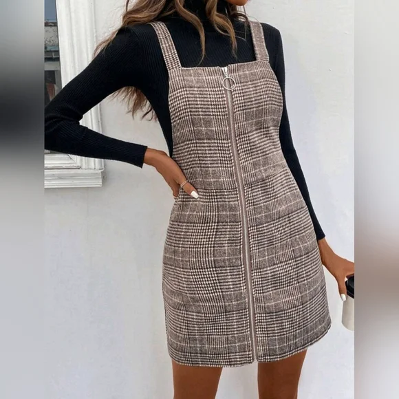 Dresses | Womens Plaid Print Brown Fall Dress Zip Front Overall Dress Size Medium | Poshmark Dresses | Womens Plaid Print Brown Fall Dress Zip Front Overall Dress Size Medium | Poshmark